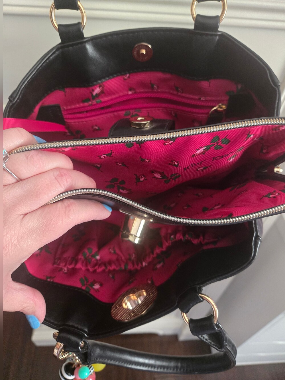 Betsey Johnson Black Satchel with Pink Donut Accent and Colorful Charm - Picture 3 of 5